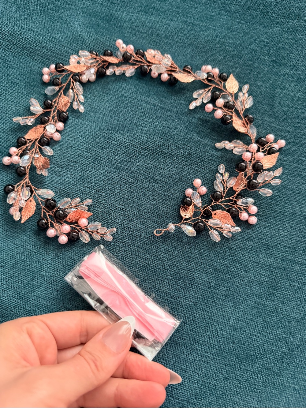 Delicate Pink Pearl & Rose Gold Leaf Hair Vine with pink ribbon